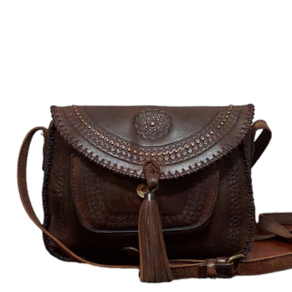 Patricia Nash Vintage Beaumont Distressed Leather Tassel Flap Crossbody Bag